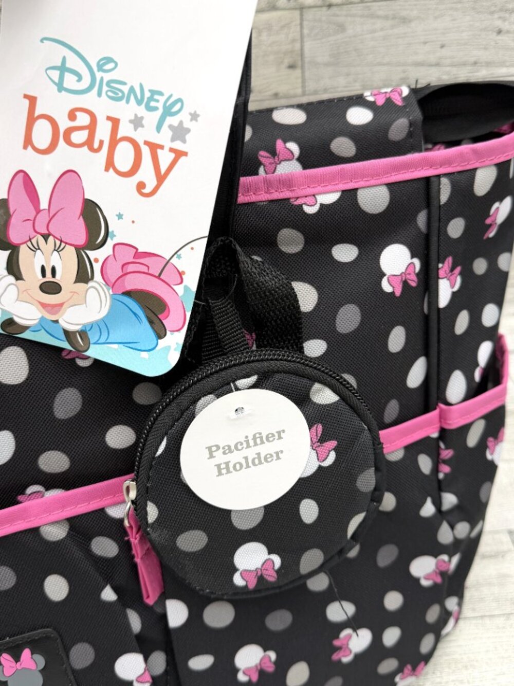 NWT Disney Baby Minnie Mouse Black Pink Gray & White 4-Piece Diaper Bag Gift Set - Picture 7 of 11